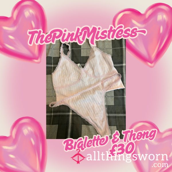 💗 ThePinkMistress’s Pink Pinstripe Bralette & Thong Set – Size XL