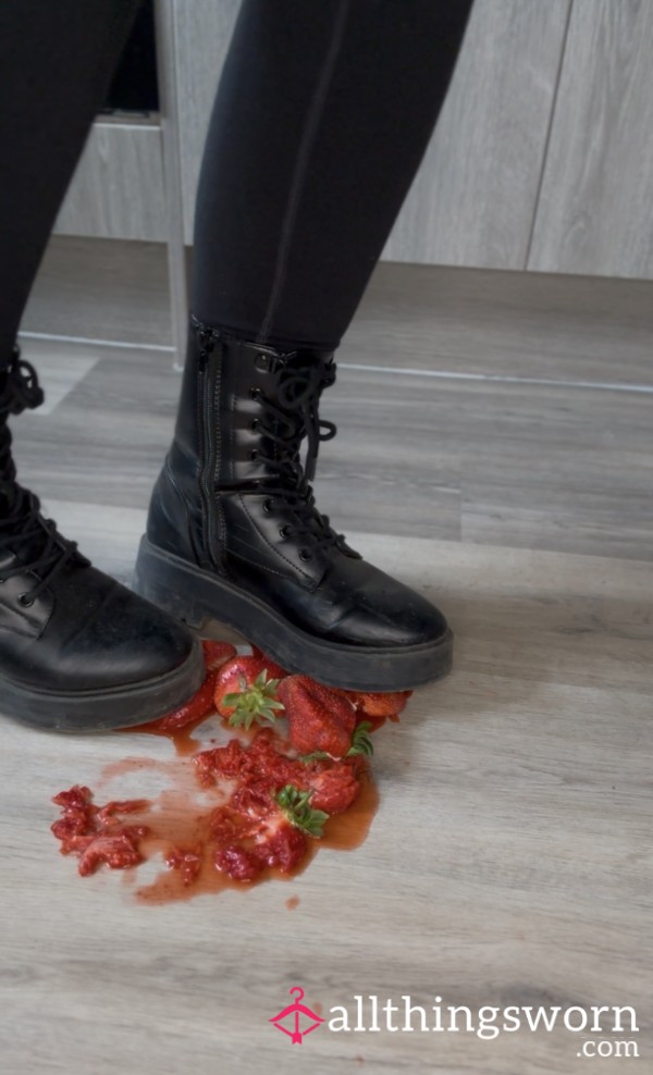 Thick Black Boots Crushing Strawberries & Cream 🍓🥾
