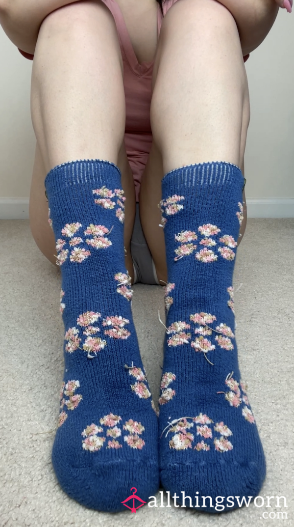Thick Blue Flower Socks - With Hole!