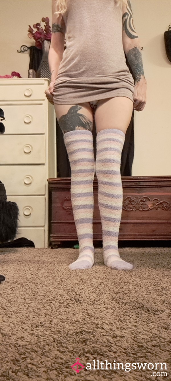 Thigh High Fuzzy Pastel Socks - Pink, White And Purple