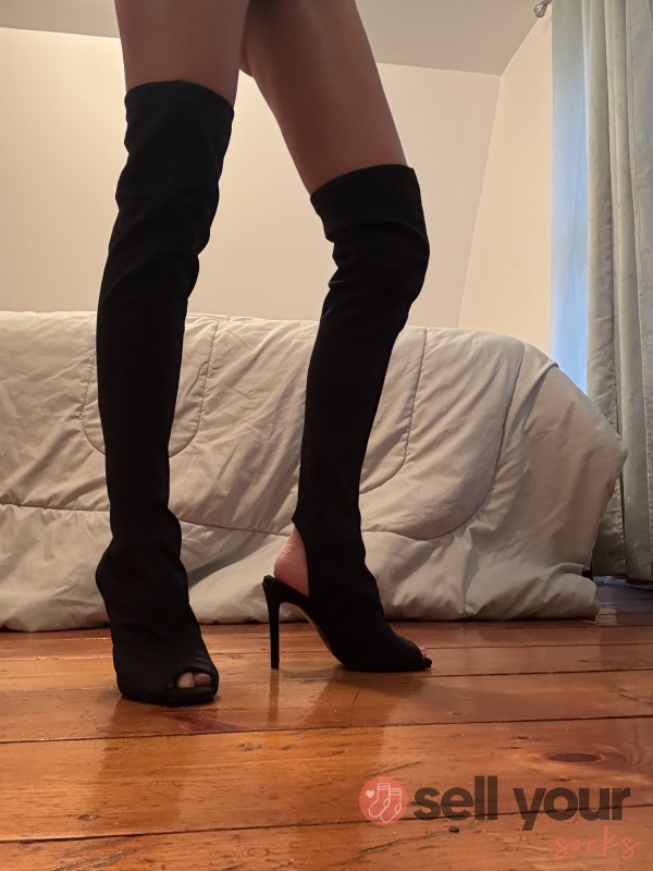 Thigh-high, High Heels And White Cotton Thong!