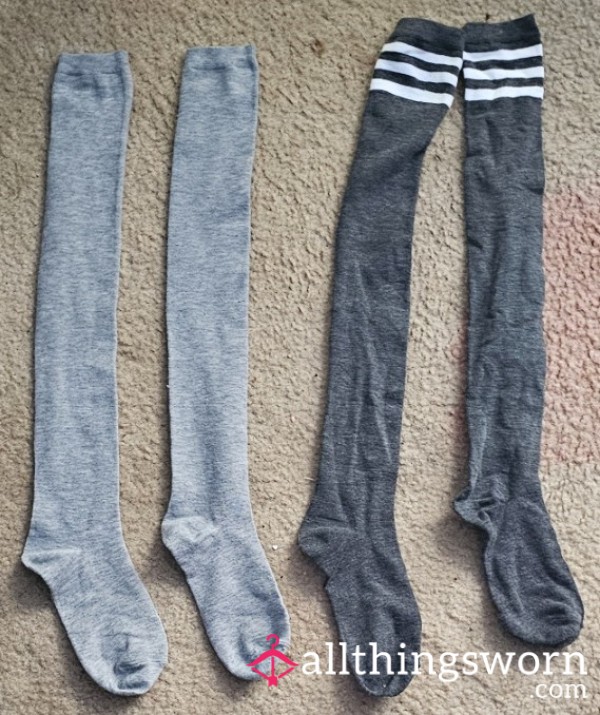 Thigh-High Socks Bundle – Grey & Striped, Worn & Cozy