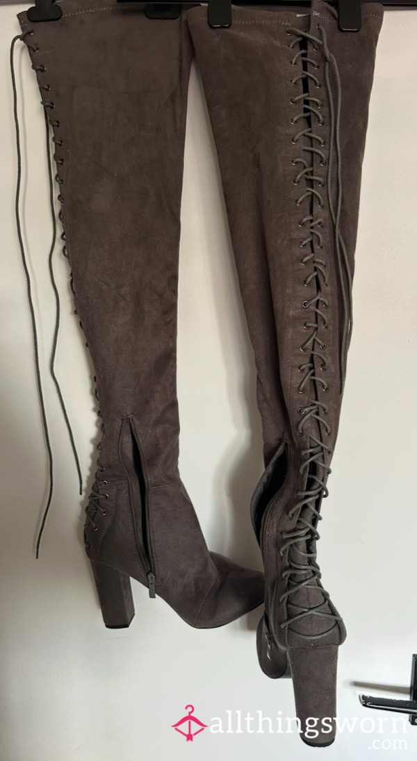 Thigh High, Soft Touch, Grey Velvet, Full Back Lace Up, Heeled Boots
