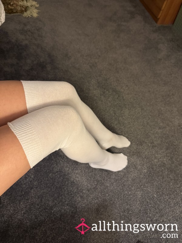 Thigh High White Socks, Worn Through A Long Day Of Teaching, Size 3 Feet