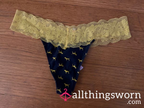 Thong-Dark Blue With Yellow Lace Waist