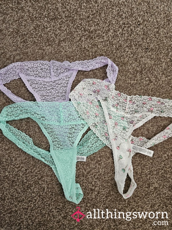 Three Really Pretty Lacy Thongs, All Worn Ofcourse , 24 Hr Wear Of Longer For Your Preference ?? Just Let Me Know... Can Do A Deal On All Thtee Or Sell Seperately ... Why Not Treat Yourself .