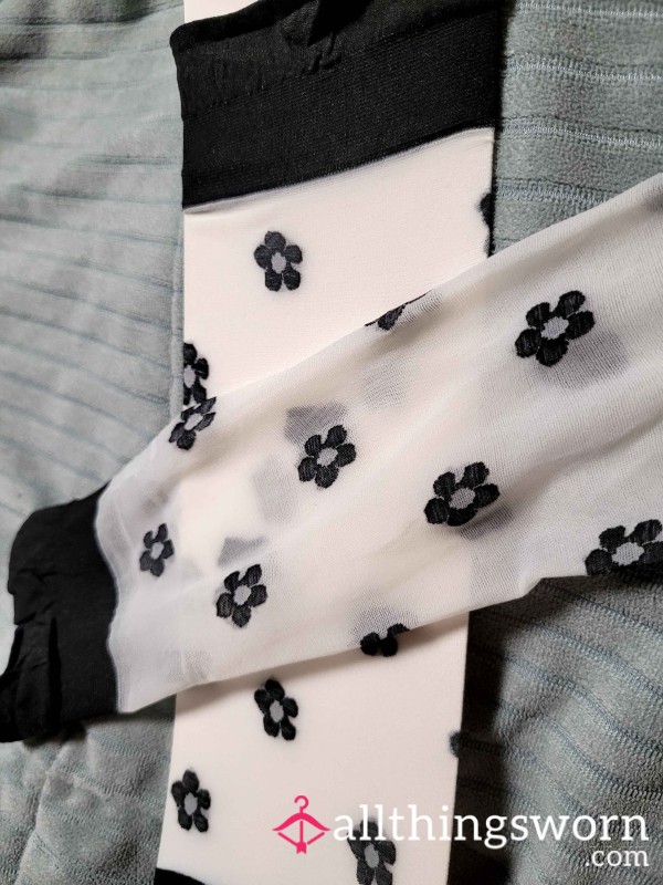 Tiny Fancy Sheer White Socks With Flowers And Black Toes - Nylon/Tights/Pantyhose-Type Material!