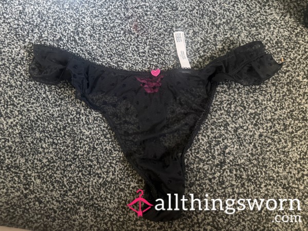 To Be Worn Black Mesh Tease Pink Love Heart Frilly Victoria’s Secret Thong XL