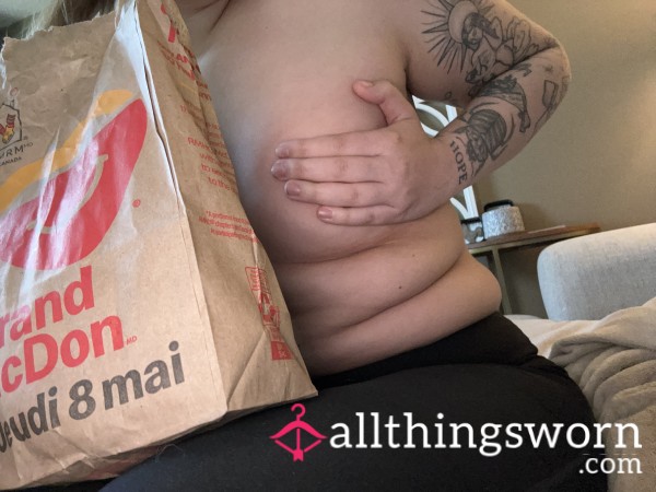 Topless Chubby Girl Eating McGriddle