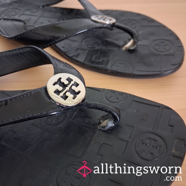 Worn Black Patent Leather Flip Flops Tory Burch SZ 9 + FREE NAUGHTY GIFT