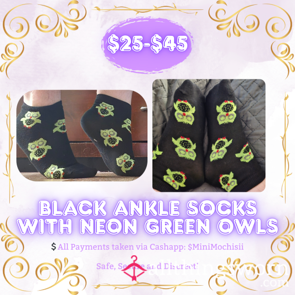Black Ankle Socks With Neon Green Owls