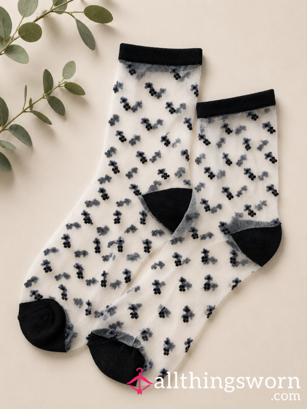 Transparent Socks With Black Flowers, See-Through & Stained With My Scent