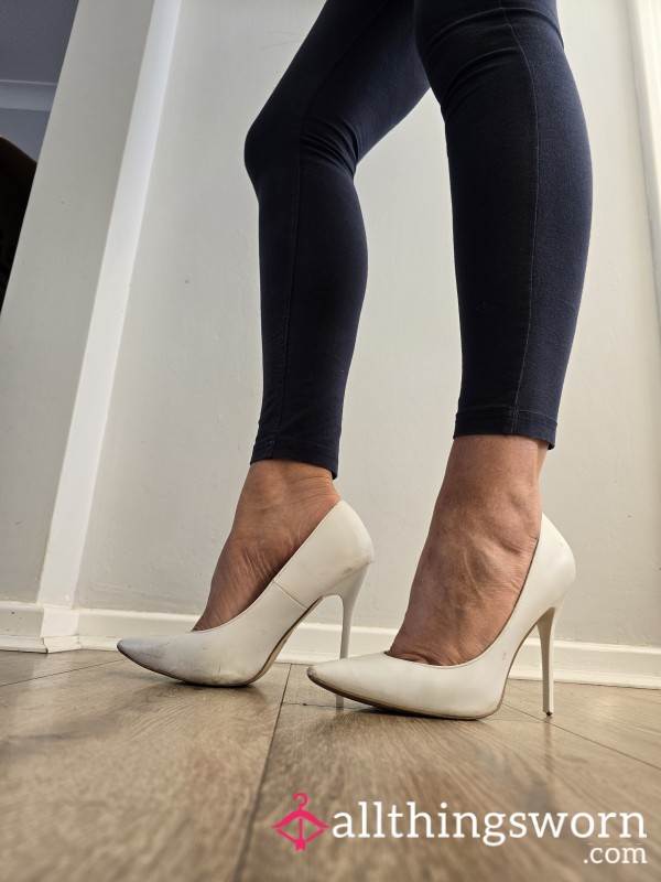 Trashed White Stiletto Heels