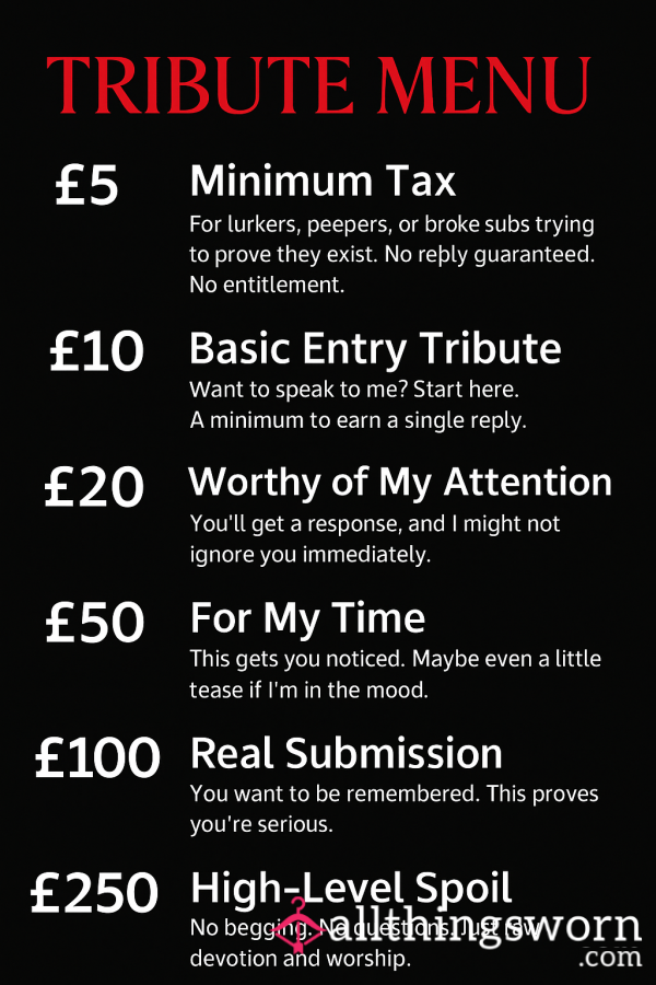 💸 Tribute Menu + Basic Rules – Know Your Place Before You Message