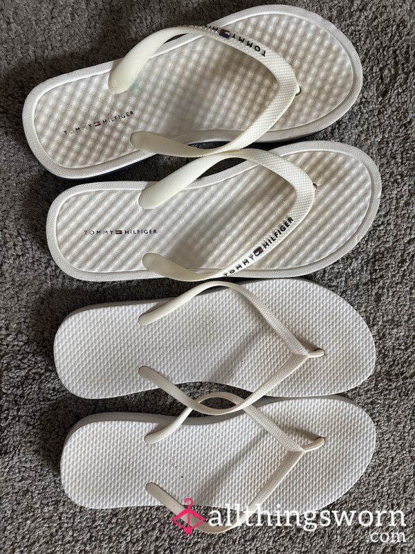Two Pair Of Used White Flipflops