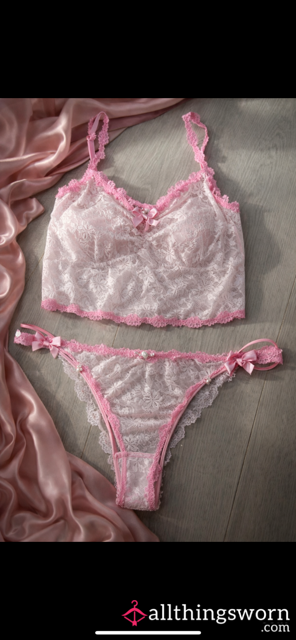 Two Piece Set.lace Bralette&matching Panties.with Feminine Bow Accents.wrapped In My Scent