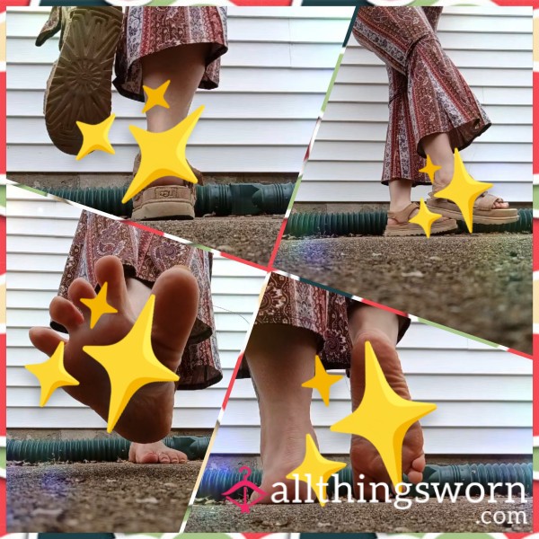 Ugh Sandals And Barefoot On Driveway