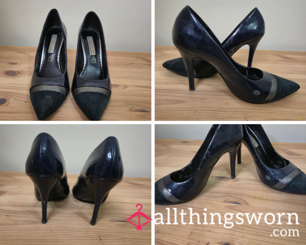 Uk Size 4 Navy Patent And Suede With Silver Trim Amy Hubernan Heels