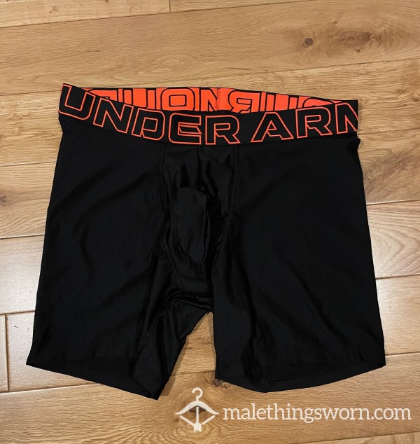 Under Armour Performance Black Boxerjock Microfibre Boxer Briefs Trunks With Orange Logo Waistband (M)