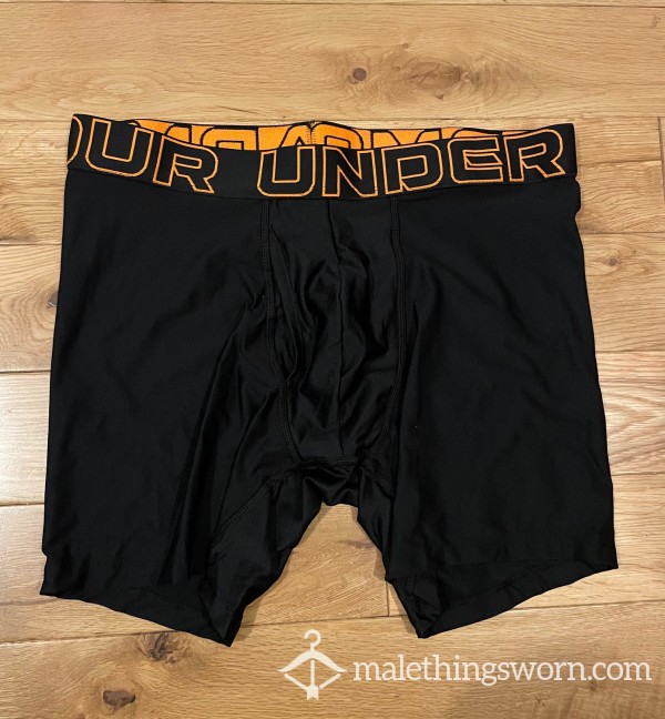 Under Armour Performance Black Boxerjock Microfibre Boxer Briefs Trunks With Orange Logo Waistband (M)