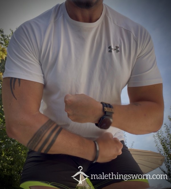 UNDER ARMOUR UA AUTHENTIC NOT SO WHITE TECH TEE FLEX 💪🏽 FRIDAY TSHIRT ARMPIT SKUNK HEAVY SWEAT STAINED NO DEODORANT 💪🏽🥵👕💧💧💧📦👃🏽🤪