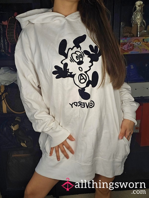 5 For $25❤️ Uniqlo Verdy Animated Anime Cartoon Style Grahpic White Hoodie Cotton Oversized Sweater Dress Japanese Cute Asian Girl Tattooed Fitness Model Personal Trainer