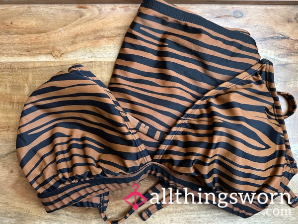 Untamed Tease 🐾 Worn Zebra-Striped Bikini Set – Wild, Wet & Yours