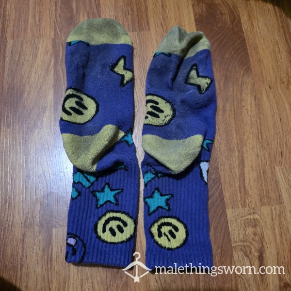 Unwashed, Sweat Soaked Purple Smiley Face Graphic Socks