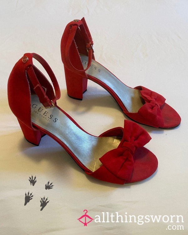 US Size 8 Red Suede Guess Block Heel Sandals