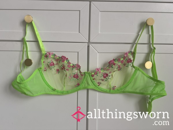 Used And Worn Lime Green Flower Mesh See Through Bra Women’s Size 36 C Cup Uk
