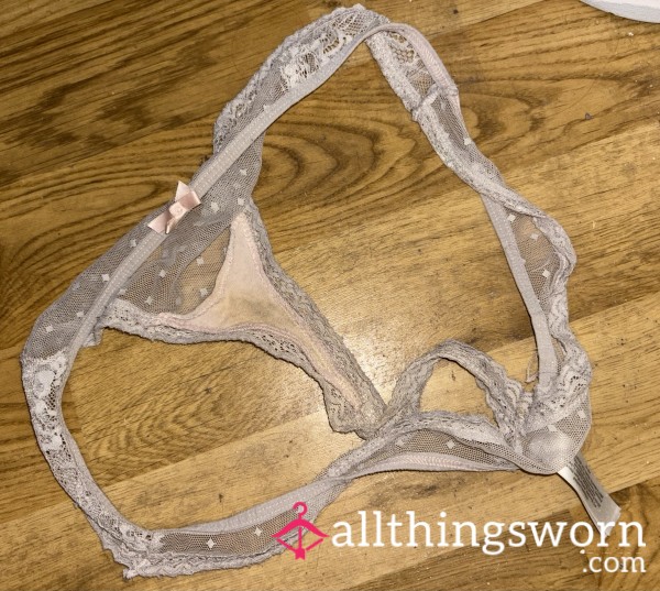 Used Baby Pink Mesh Thong – Sheer, Stained, & Intimately Worn
