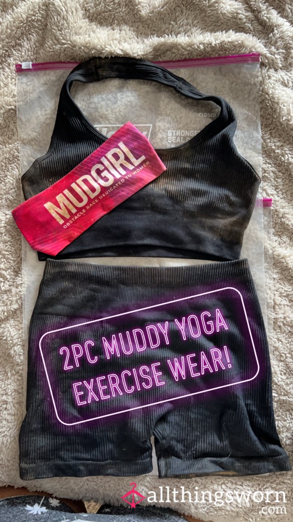 Used Black 2pc Yoga Athletic Gym Clothing Set Worn In MUDGIRL Run Dirty