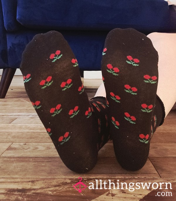 🍒Used & Worn Cute Black Cherry Socks🖤