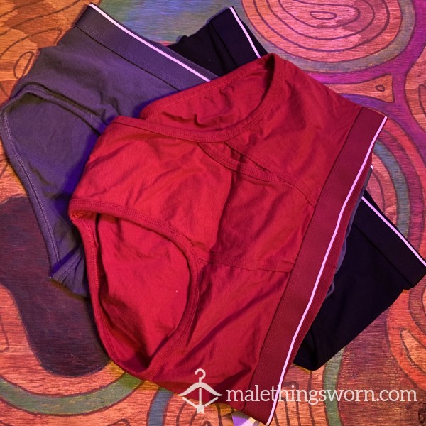 SALE! Used Briefs In Red, Blue, And Black