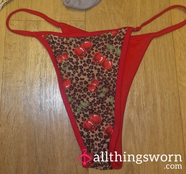 Used Cherry Leopard Print Red Thong Knickers Panties Sweet Smelling Gusset Young Blonde