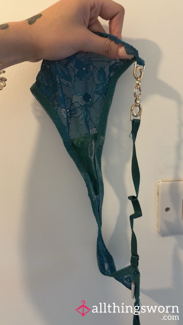 Used Green Lace Panties – Gold Chain Detail, Soaked & Stretched 💚
