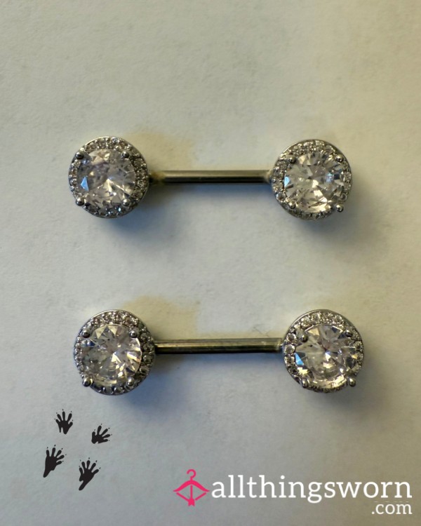 Used Halo Set CZ 14 Gauge Stainless Steel Nipple Piercing Bars From A 40F Canadian BBW Hottie