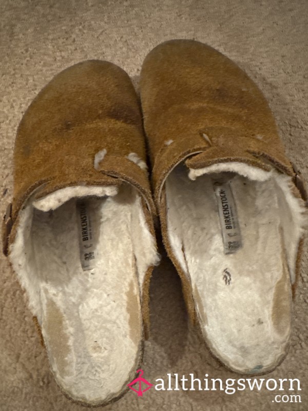 Used Heavily Birkenstock Brown Suede Slip On Fur Linning Worn With Out Socks Vintage Pair