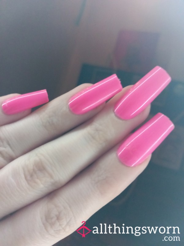 Used Long Pink Shiny Nails