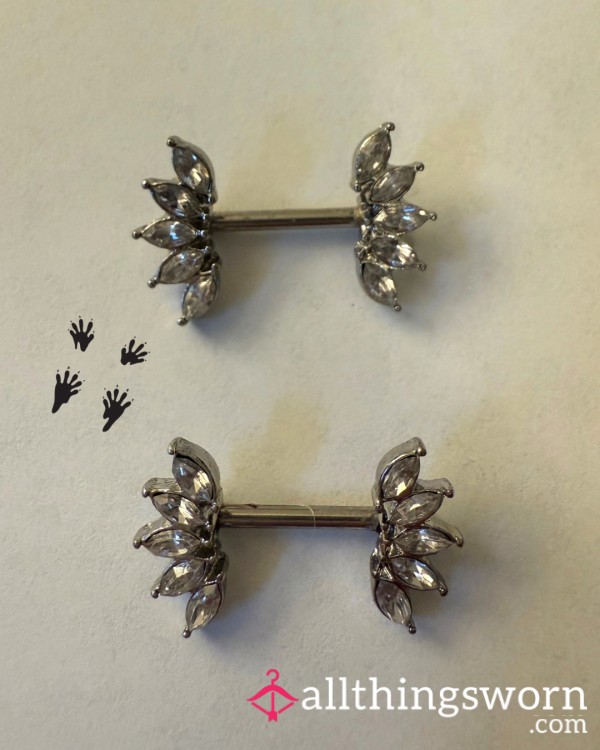 Used Marquise Cut CZ 14 Gauge Stainless Steel Nipple Piercing Bars From A 40F Canadian BBW Hottie