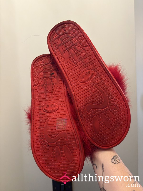 Used Red Fluffy Slippers