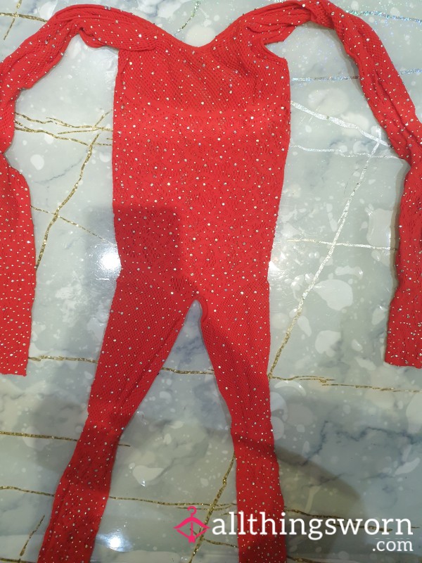 Used S**y Red Fish Net Jumpsuite With Diamonds