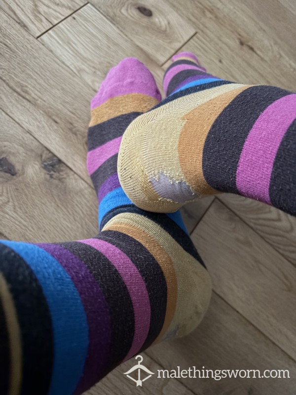 Used Stinky Happy Socks Multi Colour Stripes Dress Socks With Threadbare Heels