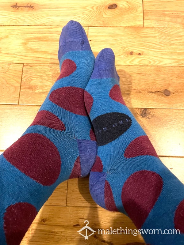 Used Stinky Ted Baker Blue & Purple Colour Funky Dress Socks, With Threadbare Heels