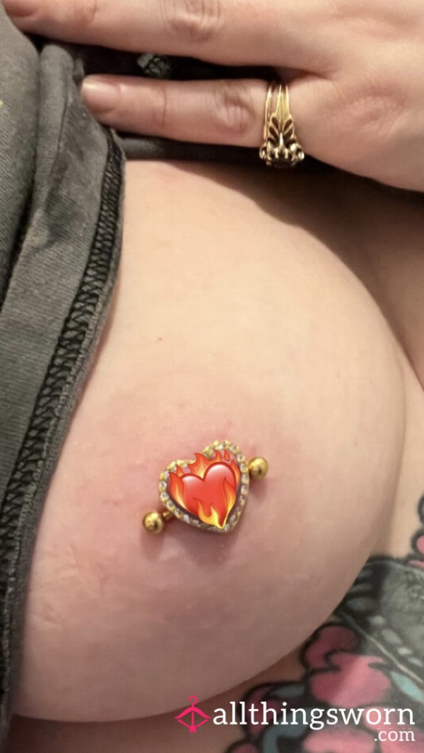 Used, Worn, Heart-shaped Gold With Diamonds Nipple Rings On Pierced Nipples