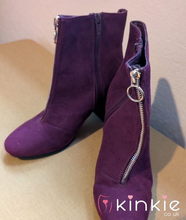 Used & Worn Purple Suede Heeled Ankle Boots – Gold Zip, Royal Attitude 💜