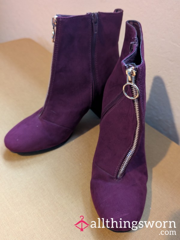 Used & Worn Purple Suede Heeled Ankle Boots – Gold Zip, Royal Attitude 💜