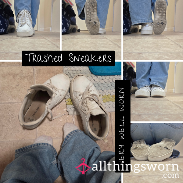 Utterly Trashed, Bin-Ready White Court Trainers - 1 Year Of Daily Goddess Wear, Diamanté Detail, Holey Soles & A 3 Day Top-Up Wear AND A Pair Of 3 Day Worn Socks - From £40 + Postage