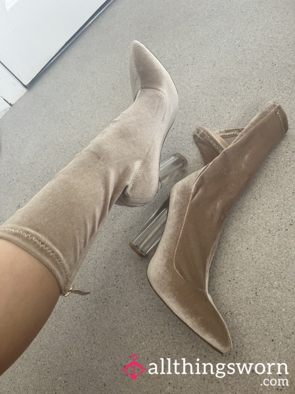 Velvet Champagne Perspex Heeled Boots - Size 3 🥂