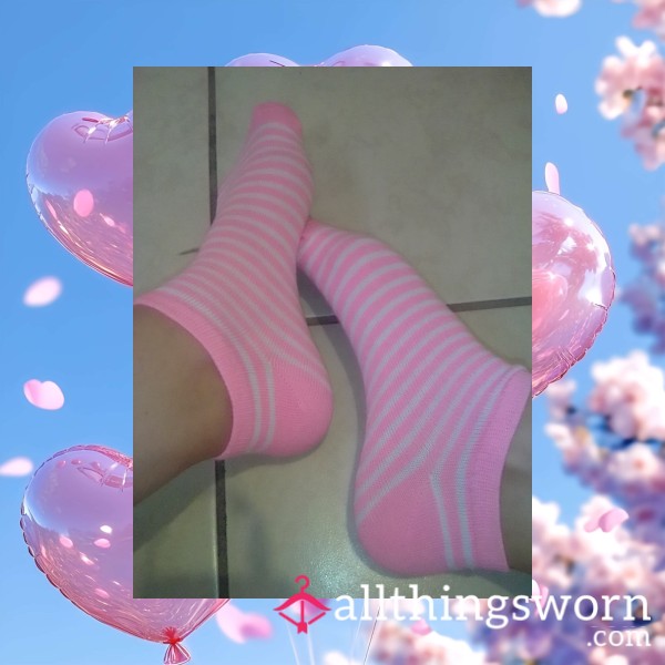 Very Girly Pink Ankle Socks With White Stripes